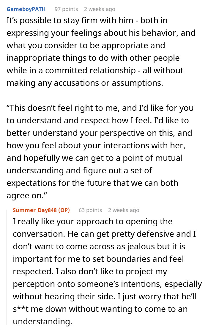 Text exchange about setting boundaries in a relationship, addressing fianc&eacute;'s touchy behavior with a female friend.