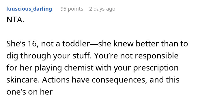 Comment discussing consequences for teen using SIL’s skincare without permission. Comment discussing consequences for teen using SIL’s skincare without permission.