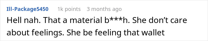 Reddit comment discussing someone prioritizing materialism over feelings regarding wedding gift expectations.