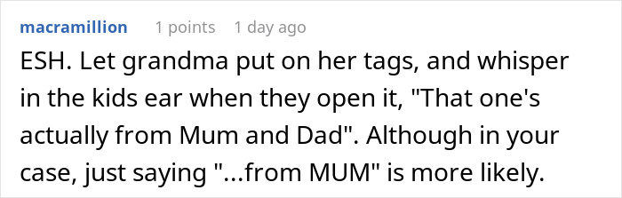 Text discussing mother-in-law putting tags on gifts and a humorous response about whispering to kids who the gift is from.