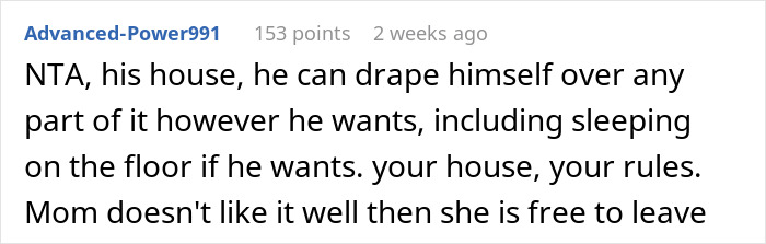 Screenshot of a comment supporting son-in-law's stair-sitting habit, suggesting mother-in-law can leave if unhappy.