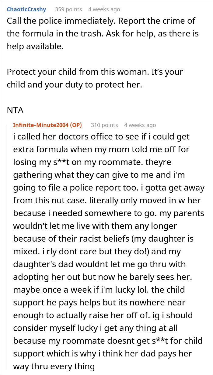 Reddit post discussing a roommate's reaction to baby formula labeled as "poison," and advice to contact police. Reddit post discussing a roommate's reaction to baby formula labeled as "poison," and advice to contact police.