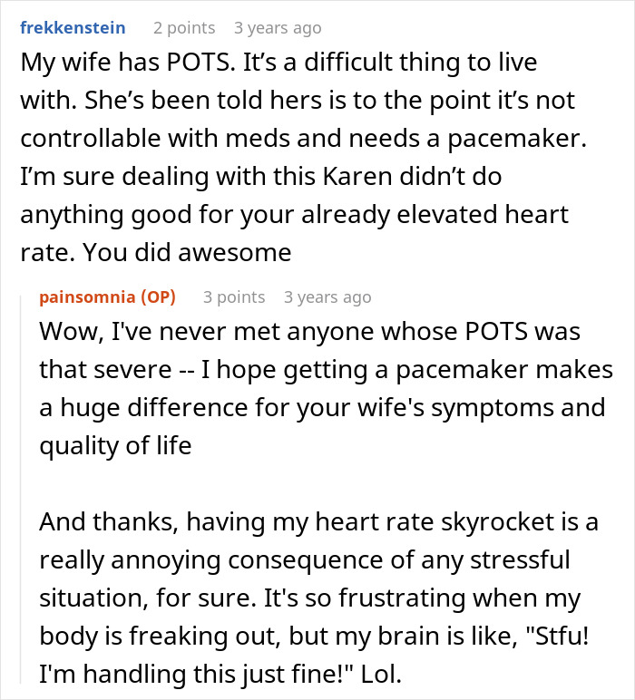 Comments about POTS and stress, mentioning an interaction with an angry woman at a shopping mall.