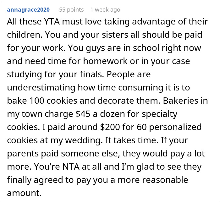 Text from online discussion about daughter charging parents for Christmas cookies. Text from online discussion about daughter charging parents for Christmas cookies.