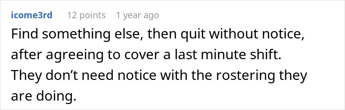 Comment discusses quitting a job without notice due to unfair rostering, related to boss cutting employee hours.