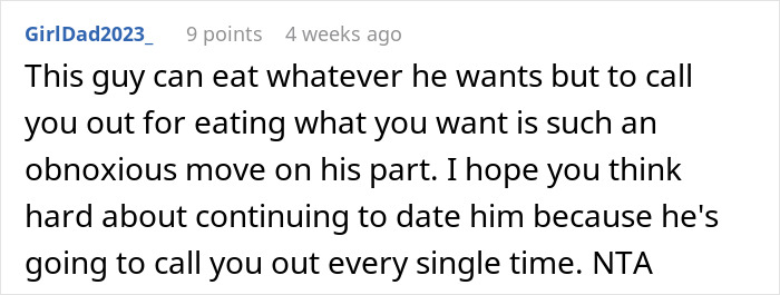 Comment discussing a woman being criticized for ordering a meat burger while on a date with a vegan.