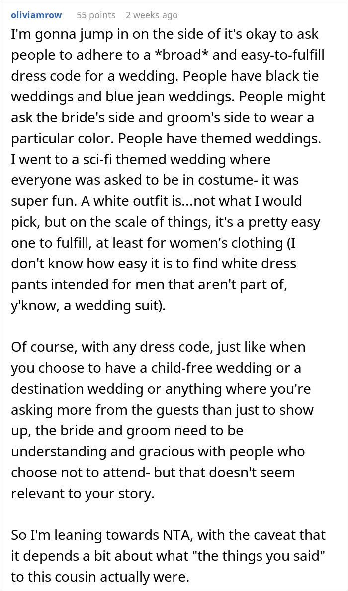 Text window showing a discussion about wedding dress codes and guest attire choices.