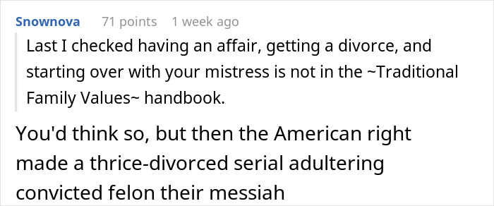 Reddit user criticizes hypocrisy in family values discussion about husband's stance on gay aunt.