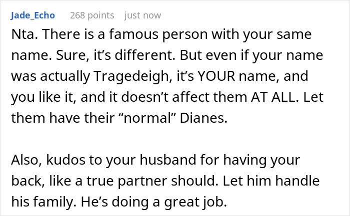 Text from a supportive comment addressing name teasing of a woman named Dove.