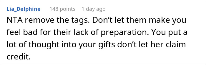 Reddit comment discussing how a woman caught her mother-in-law putting tags on gifts she didn't purchase.