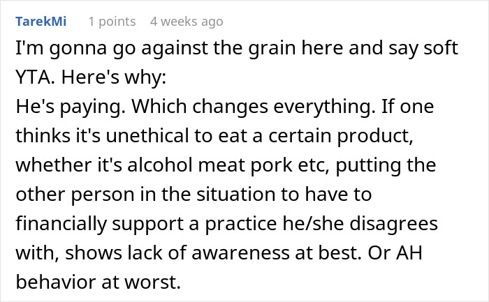 Comment discussing ethics of eating meat on a date with a vegan.
