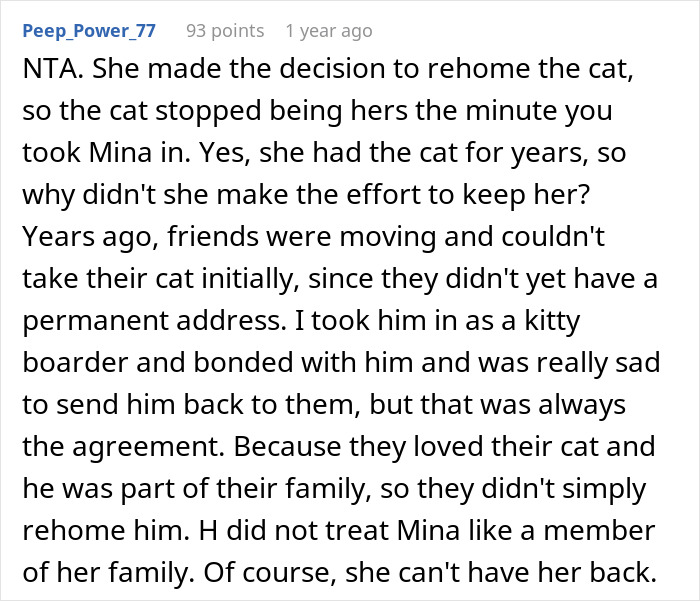 Comment discussing rehoming a cat and the emotional impact of wanting it back. Comment discussing rehoming a cat and the emotional impact of wanting it back.