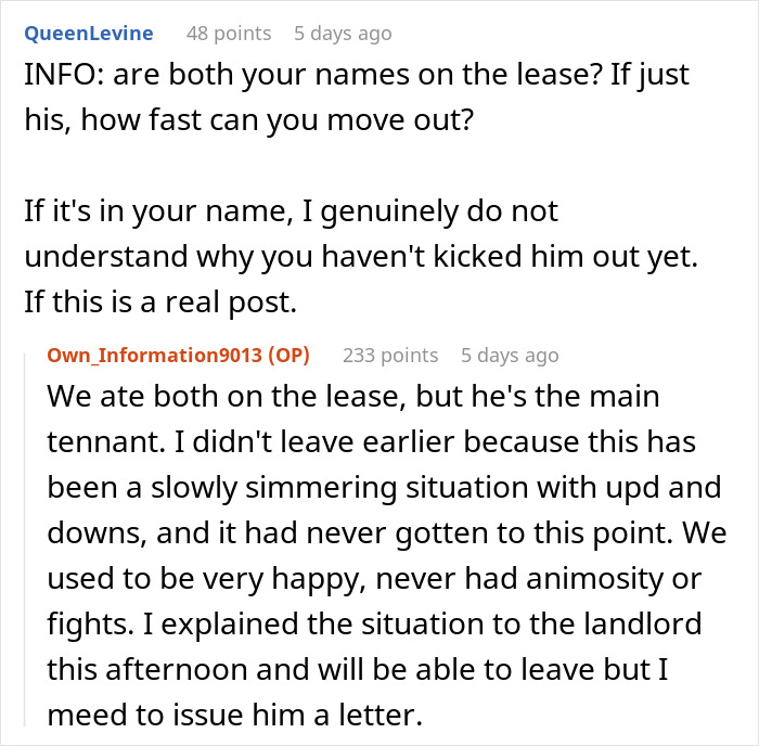 Screenshot of an online discussion about lease agreements and relationship issues. Screenshot of an online discussion about lease agreements and relationship issues.