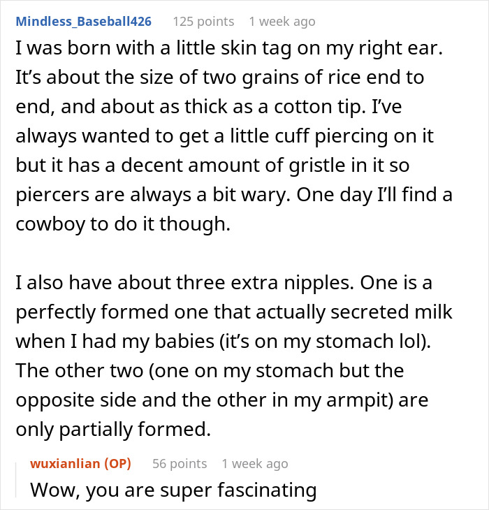 Reddit comment about healing a rare birth defect, discussing skin tag and extra nipples. Reddit comment about healing a rare birth defect, discussing skin tag and extra nipples.