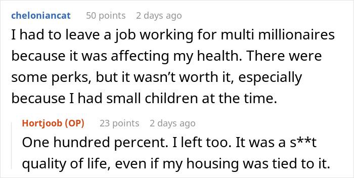 Text discussion about working for a billionaire family, highlighting health impacts and poor quality of life. Text discussion about working for a billionaire family, highlighting health impacts and poor quality of life.
