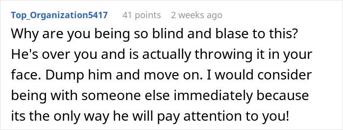 Reddit comment criticizing a fianc&eacute;'s behavior, suggesting to end the relationship due to his interactions with a female friend.