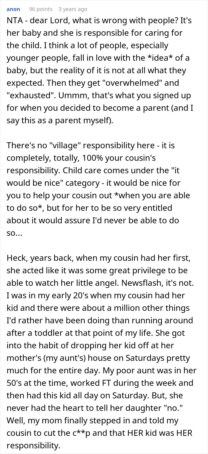 Text discusses village parenting concept, mother's entitlement, and a family reality check on childcare responsibilities.