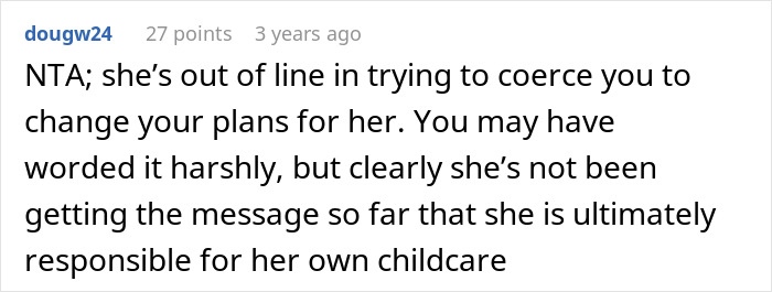 A comment discusses a mom expecting free babysitting from family, facing criticism for her childcare approach.