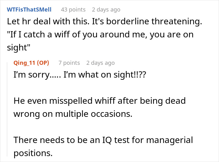 Text exchange criticizing a manager's spelling mistake in a workplace dispute.
