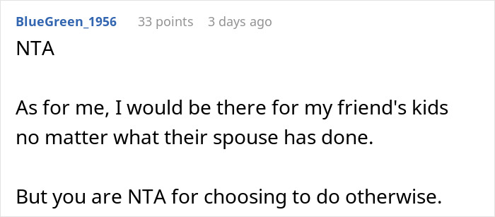 Screenshot of a comment discussing a woman's choice about babysitting deceased friend's kids after infidelity.