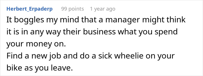 Reddit comment discussing boss cutting hours, criticizing management and suggesting finding a new job with a motorcycle exit.
