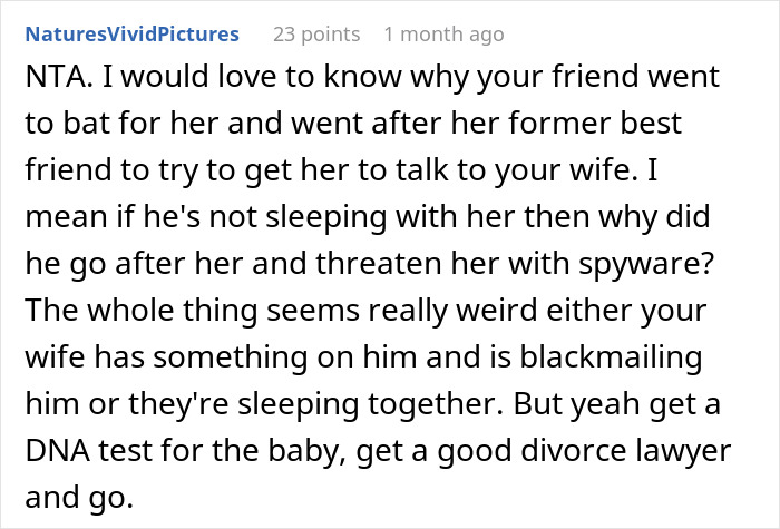 Text message discussing a friend's involvement and a cheating wife's refusal for a paternity test. Text message discussing a friend's involvement and a cheating wife's refusal for a paternity test.
