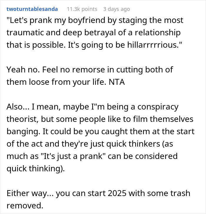 Reddit comment discussion on the cost of a prank in a relationship, addressing betrayal and consequences. Reddit comment discussion on the cost of a prank in a relationship, addressing betrayal and consequences.
