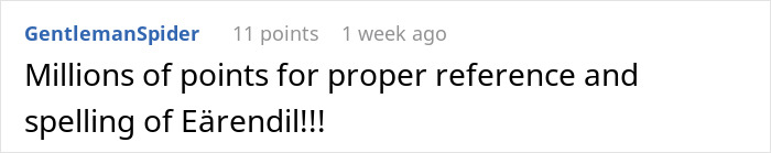 Comment praising someone for correctly referencing and spelling "E&auml;rendil" on a forum.