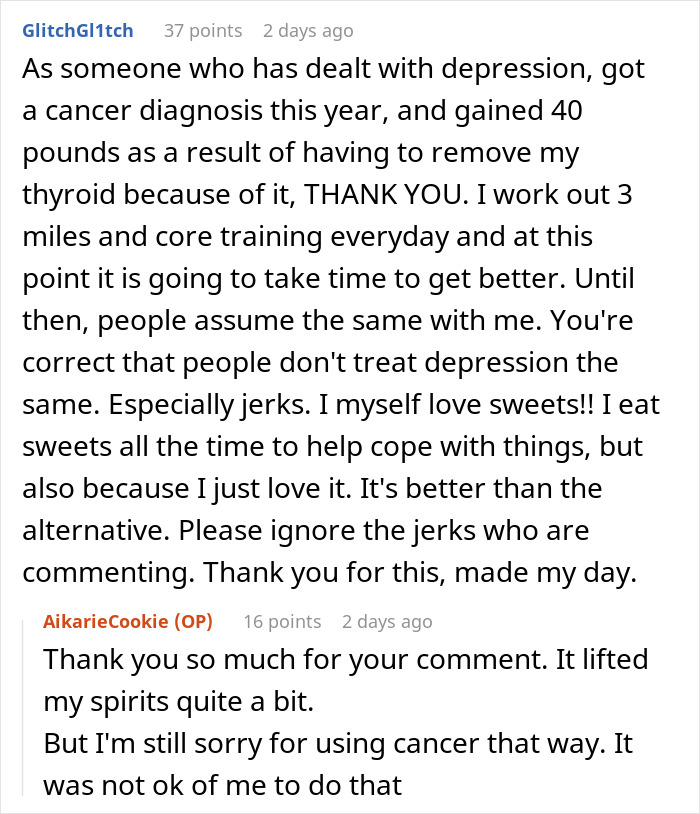 Reddit comments about overcoming depression and dealing with jerks, related to buying candy as a coping mechanism.
