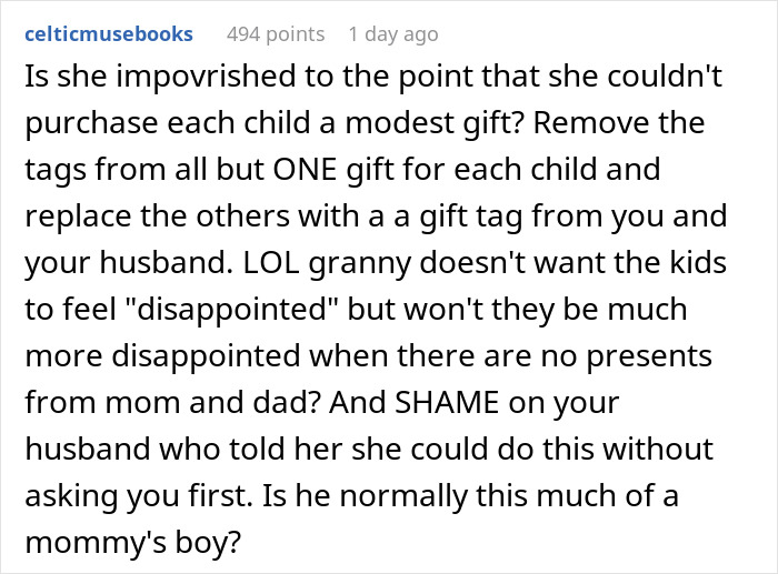 Comment discussing gifts, tags, and family dynamics involving a woman's mother-in-law.