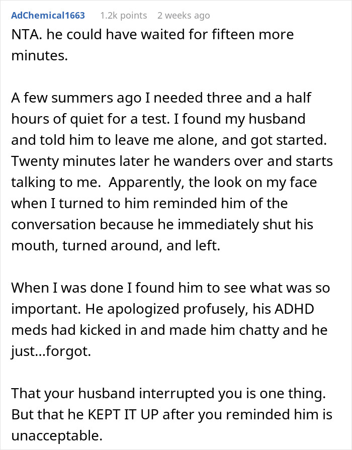 Text describing a wife's frustration over her husband's interruptions during a crucial test.