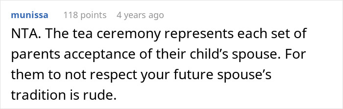 Comment discussing the importance of respecting a fiancé's tradition during wedding ceremonies. Comment discussing the importance of respecting a fiancé's tradition during wedding ceremonies.