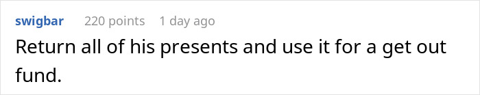 Screenshot of a comment suggesting to return presents for a getaway fund after a surprise goes wrong.
