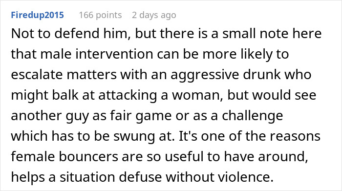 Text comment discussing male intervention and female bouncers preventing violence. Text comment discussing male intervention and female bouncers preventing violence.
