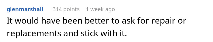 User comment on a company's decision, suggesting repairs or replacements instead.