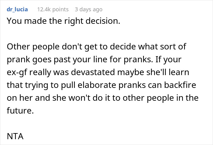 Text comment discussing relationship ending due to a prank, gaining 12.4k points. Text comment discussing relationship ending due to a prank, gaining 12.4k points.