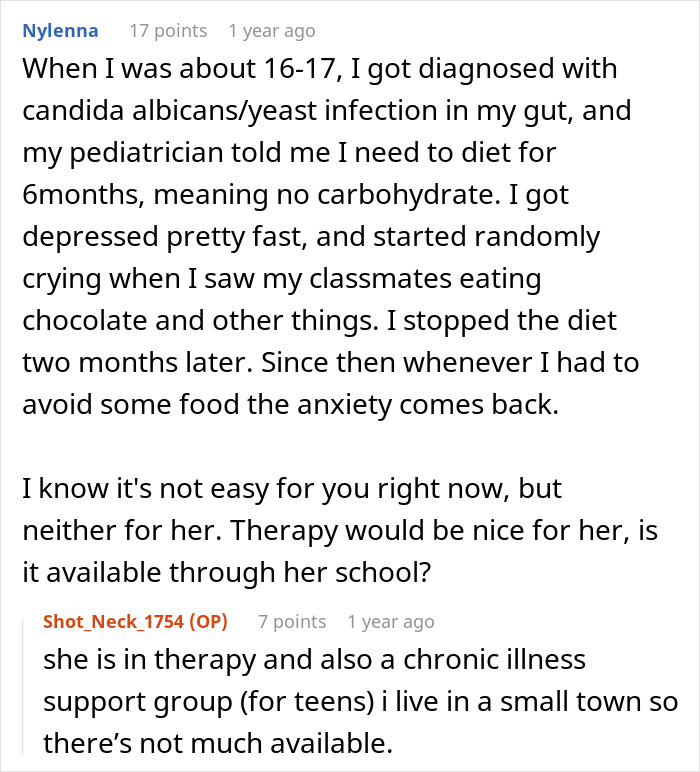 Text discussion about chronic illness management and therapy options for teens in a small town.
