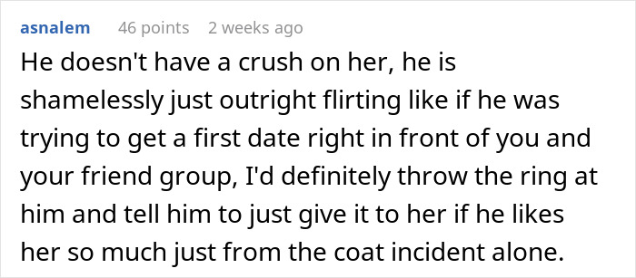 Reddit comment discussing touchy behavior by a fianc&eacute; towards a female friend.