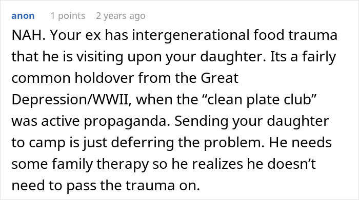 Text discussing food trauma, referencing the Great Depression/WWII "clean plate club" and therapy for intergenerational issues. Text discussing food trauma, referencing the Great Depression/WWII "clean plate club" and therapy for intergenerational issues.
