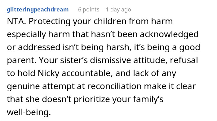Text from a user discussing shutting out sister for family's well-being in an online forum.