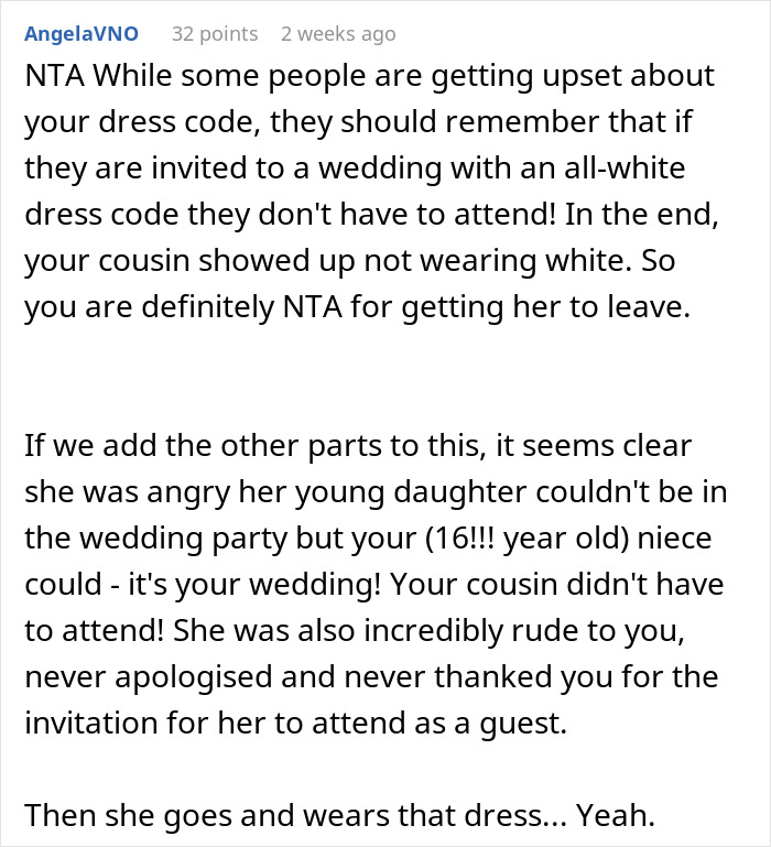 Text exchange about a wedding dress code disagreement, involving a woman and her cousin.