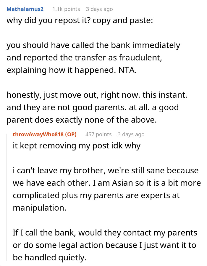 Reddit comment about parents demanding daughter's money, discussing fraud and family manipulation. Reddit comment about parents demanding daughter's money, discussing fraud and family manipulation.