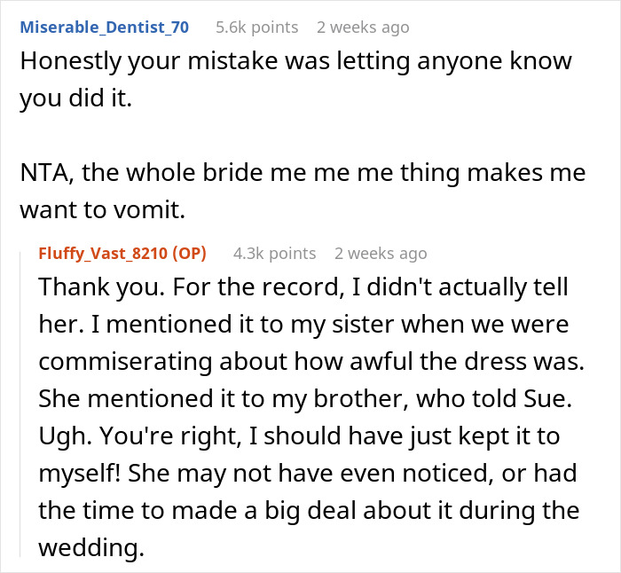 Reddit comments discussing a wedding conflict about altering a skimpy bridesmaid dress.