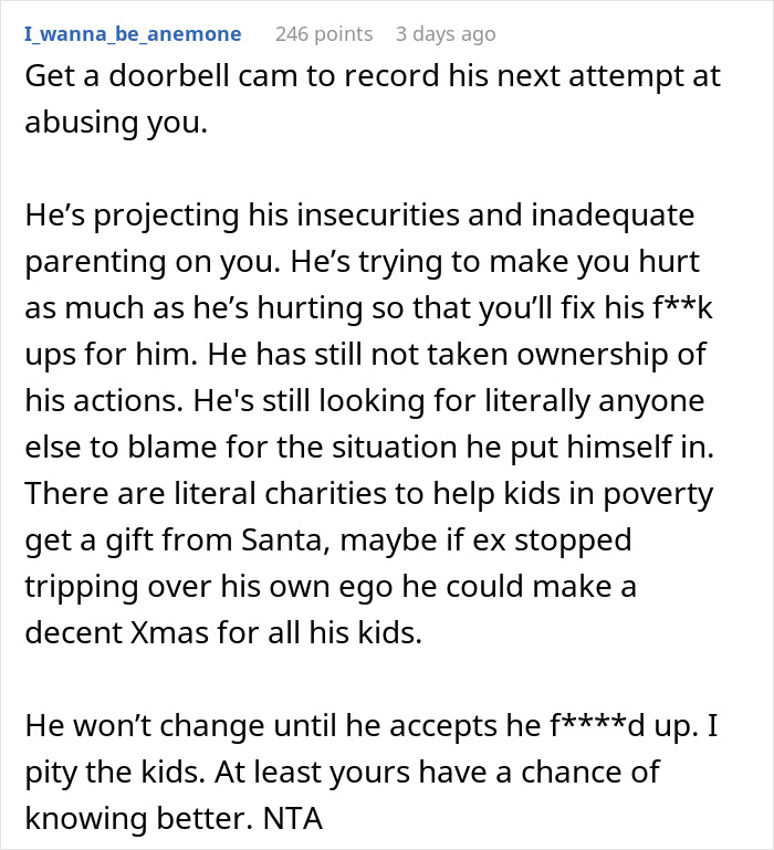 Text screenshot discussing not getting ex's affair child a Christmas gift, addressing insecurities and parenting issues. Text screenshot discussing not getting ex's affair child a Christmas gift, addressing insecurities and parenting issues.