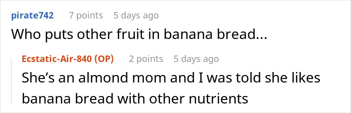 Text exchange about adding fruit to banana bread; mentions an "almond mom" preferring nutrient-rich banana bread.