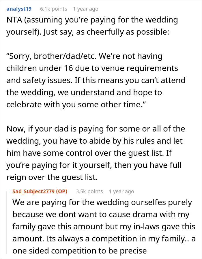 Text conversation about wedding guest list issues, focusing on family dynamics and the couple's dream wedding.