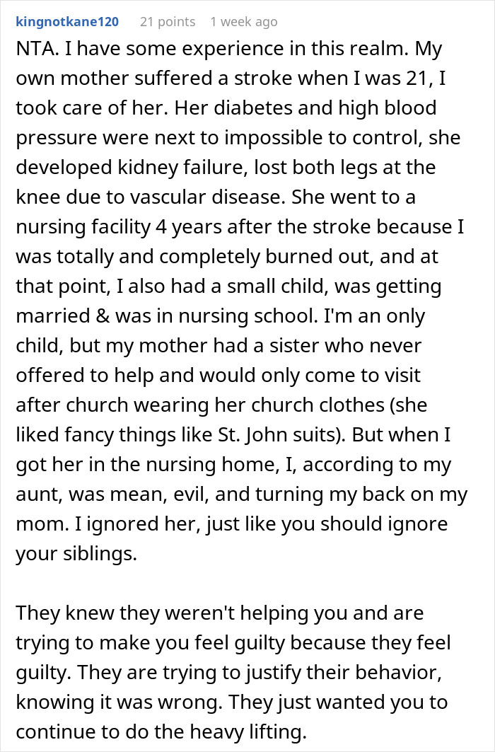 Reddit comment on family conflict about placing mom in care facility, siblings upset but uninvolved. Reddit comment on family conflict about placing mom in care facility, siblings upset but uninvolved.