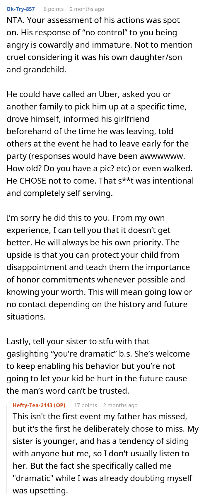 A Reddit post discusses missed commitments at a father-son birthday party with advice on handling disappointment.
