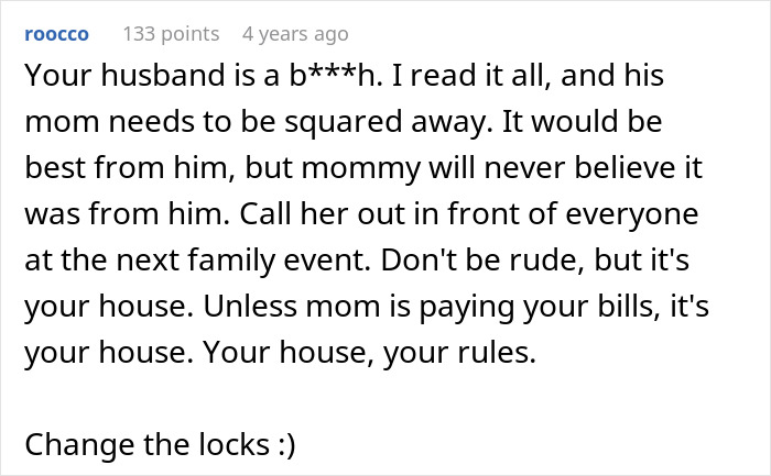 Comment discussing MIL visiting unannounced and suggesting setting boundaries and changing locks.