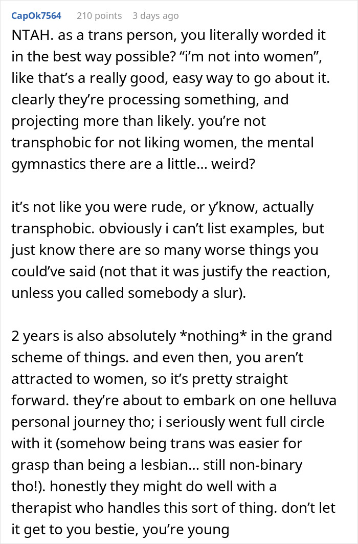 Text exchange discussing the topic of refusing to date a boyfriend post-transition with supportive advice.